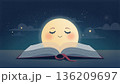 夜の藍色の背景で月のキャラクターが開いた本から柔らかく光る就寝前の読書イラスト、人物なし 136209697