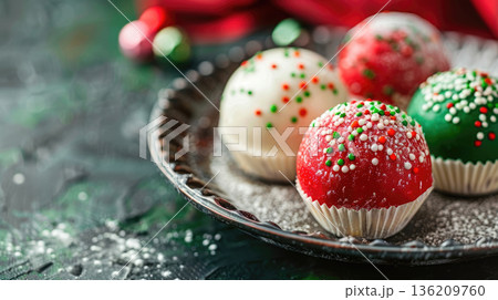 Colorful holiday treats on a decorative plate. Red, green, and white chocolate balls with sprinkles. Festive background with Christmas decorations. copy space, free space for text 136209760