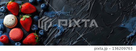 A variety of fresh fruits including strawberries and blueberries, alongside colorful macarons, arranged on a dark textured surface. copy space, free space for text A variety of fresh fruits including strawberries and blueberries, alongside colorful macarons, arranged on a dark textured surface. copy space, free space for text 136209763