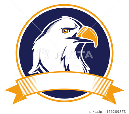 Engraved eagle label. Color badge with golden ribbon Engraved eagle label. Color badge with golden ribbon 136209878