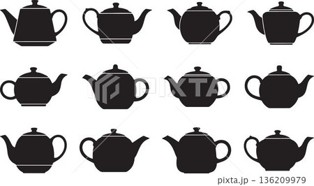 Set of twelve black silhouettes of classic and modern teapots in various shapes and sizes presented against white background for design print greeting cards posters icons infographics and web content Set of twelve black silhouettes of classic and modern teapots in various shapes and sizes presented against white background for design print greeting cards posters icons infographics and web content 136209979