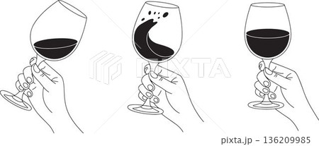 Elegant illustrations of hands holding wine glasses with varying wine levels showing sophistication social gatherings and relaxation enjoy the perfect pour cheers celebration refreshing pairing 136209985