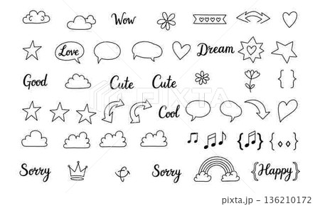 Collection of Cute Doodle Elements Hand Drawn Style on White Background Collection of Cute Doodle Elements Hand Drawn Style on White Background 136210172