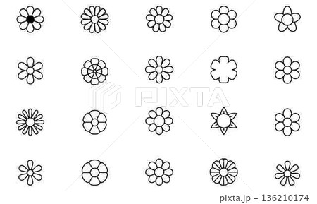 Collection of Diverse Flower Outline Icons Set on White Background 136210174