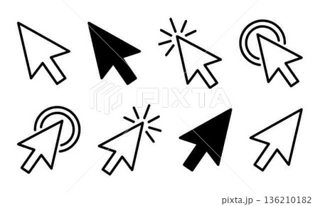Collection of Mouse Cursors and Click Icons in Black and White 136210182