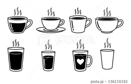 Collection of Various Cup and Glass Outlines with Steaming Beverages Collection of Various Cup and Glass Outlines with Steaming Beverages 136210192