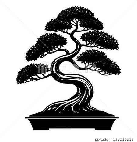 Elegant Bonsai Tree Silhouette Illustration Minimalist Zen Garden Design Concept 136210213