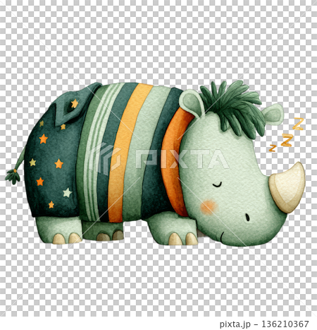 Cute watercolor rhino wearing striped pajamas sleeping in a cozy pose Cute watercolor rhino wearing striped pajamas sleeping in a cozy pose 136210367