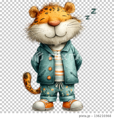 Adorable watercolor leopard wearing a blue jacket and sneakers standing tall Adorable watercolor leopard wearing a blue jacket and sneakers standing tall 136210368