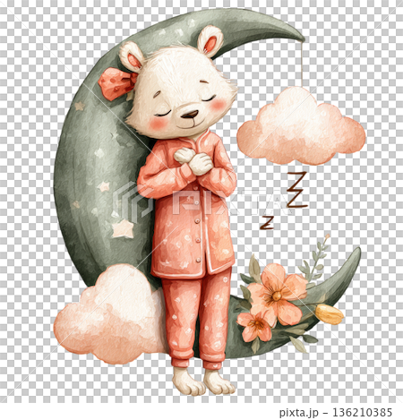Polar bear sleeping on moon watercolor whimsical vibe 136210385