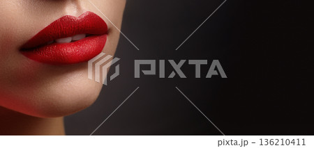 Lips With Red Lipstick. Macro Photograph Highlighting Vibrant Red Lipstick And Skin Texture. Intimate Macro Examination Emphasizing Luminous Moisture And Precise Pigment Application On Lips Lips With Red Lipstick. Macro Photograph Highlighting Vibrant Red Lipstick And Skin Texture. Intimate Macro Examination Emphasizing Luminous Moisture And Precise Pigment Application On Lips 136210411