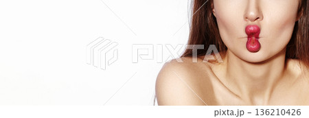 Playful Fish Face Kissy Lips And Cheek Hollowing, Beauty Blogger Portrait For Social Media, Glossy Lipstick, Minimal Background, Expressive Mouth Gesture, Youthful Charm, Studio Tone Lighting, Casual 136210426