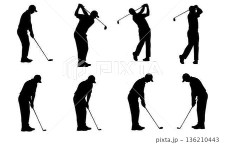Golfing Silhouettes Sequence of Golfers in Various Swing Positions On White Golfing Silhouettes Sequence of Golfers in Various Swing Positions On White 136210443