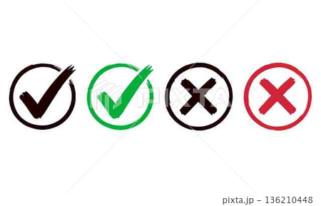 Hand Drawn Check Marks and Crosses Symbols Depicting Choice 136210448