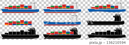 Set of container ship silhouettes in black and white and color versions, without background. 136210594