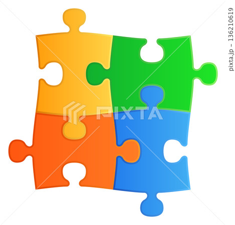 Puzzle pieces together. Four color jigsaw concept Puzzle pieces together. Four color jigsaw concept 136210619