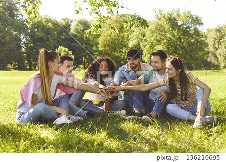 Friends sitting together on green grass in park, holding hands, demonstrating good relationships  136210695