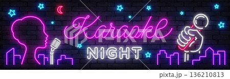 Neon vector illustration with the text Karaoke Night glowing on a brick wall. Perfect for party posters, music events, and nightlife promotion designs. 136210813