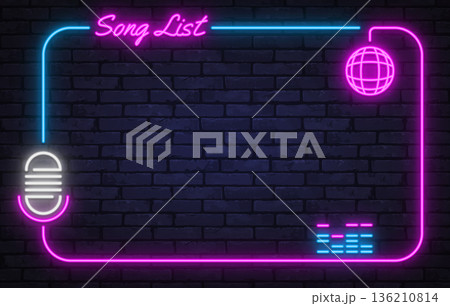 Neon vector frame featuring the text Song List with microphone and music elements. Ideal for karaoke menus, playlists, and entertainment screens. Neon vector frame featuring the text Song List with microphone and music elements. Ideal for karaoke menus, playlists, and entertainment screens. 136210814