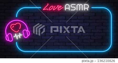 Neon vector illustration with the text Love ASMR and glowing heart headphones. Perfect for relaxing audio content, streaming visuals, and calming music themes. 136210826
