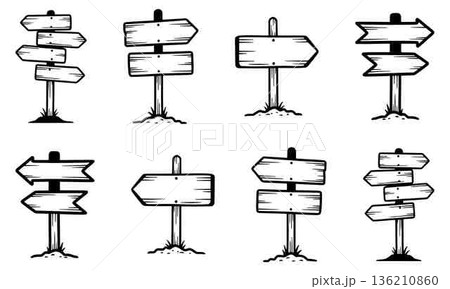 Set of Various Hand Drawn Doodle Directional Road Wood Signs Set of Various Hand Drawn Doodle Directional Road Wood Signs 136210860
