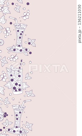 Blackcurrant Drink Outline Seamless Border. Line Art Background with Berry Cocktail, Lemonade, Ice Cubes and Mint Leaves. Vertical template with Empty Copy Space. Vector Illustration Blackcurrant Drink Outline Seamless Border. Line Art Background with Berry Cocktail, Lemonade, Ice Cubes and Mint Leaves. Vertical template with Empty Copy Space. Vector Illustration 136211030