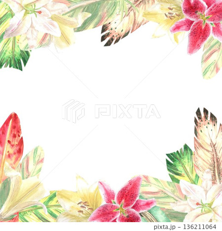 A hand-painted square frame of red, yellow, and green feathers with scarlet and white lilies on an isolated background. Simple boho-inspired frame clip art for design, cards, and invitations 136211064