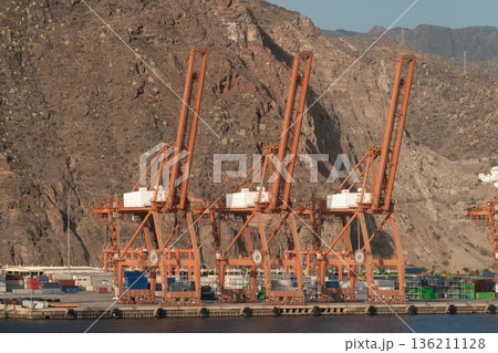 Container cranes lined up at Santa Cruz de Tenerife port, Spain 136211128
