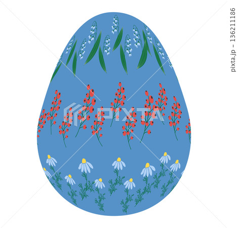 Easter egg with floral ornament, folk ornate illustration. Happy easter hand painted egg for spring holiday cards, tags 136211186