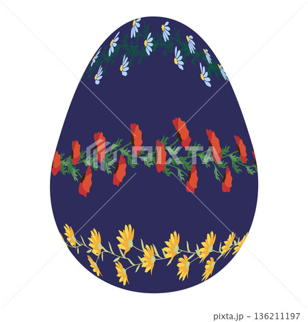 Easter egg with floral ornament, folk ornate illustration. Happy easter hand painted egg for spring holiday cards, tags 136211197