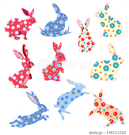 A collection of cute Easter bunnies. Cartoon characters of happy rabbits. Kawaii bunnies for Easter cards, stickers 136211228