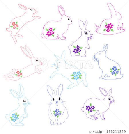 A collection of cute Easter bunnies. Cartoon characters of happy rabbits. Kawaii bunnies for Easter cards, stickers 136211229