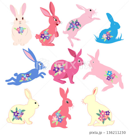 A collection of cute Easter bunnies. Cartoon characters of happy rabbits. Kawaii bunnies for Easter cards, stickers A collection of cute Easter bunnies. Cartoon characters of happy rabbits. Kawaii bunnies for Easter cards, stickers 136211230