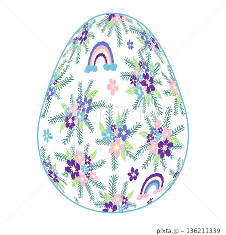 Happy Easter egg Ditsy floral pattern. Flowers and stars, lavender and pink. Happy Easter egg Ditsy floral pattern. Flowers and stars, lavender and pink. 136211339