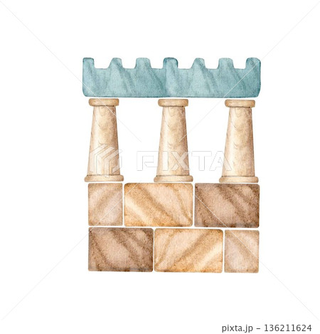 The fortress wall, assembled from wooden blocks, hand-painted in watercolors on an isolated white background, is suitable for creating compositions, decorating postcards, invitations, gift packaging. 136211624