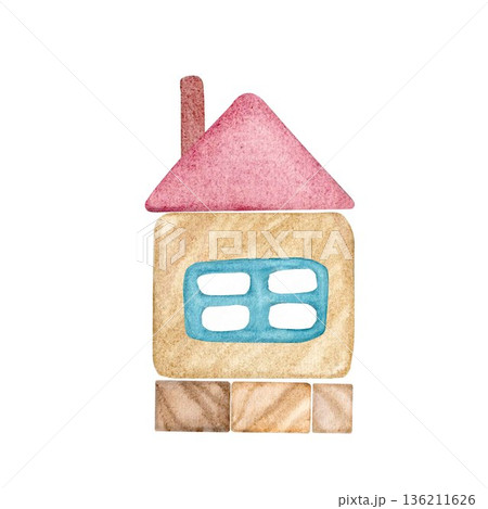 The house is made of wooden building blocks from a children's construction set and is hand-drawn on an isolated background using watercolors. It is suitable for decorating postcards, invitations, and  136211626