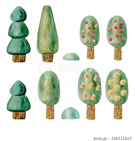 A set of trees for children's wooden construction sets, hand-drawn in watercolors on an isolated white background for creating landscape compositions, decorating postcards, banners, packaging. 136211627