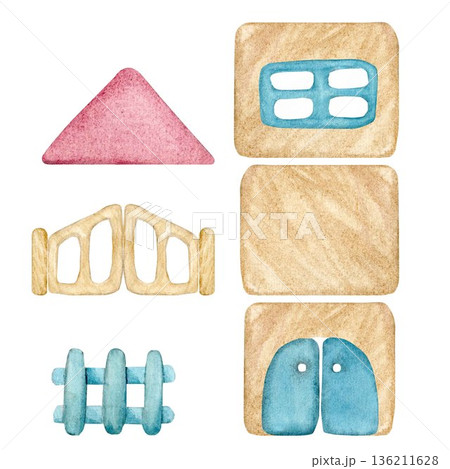 Wooden blocks for children's construction sets, which can be used to build a house, a tower, with a fence and gates, hand-drawn watercolors for landscapes, postcards, banners, invitations, packaging. 136211628
