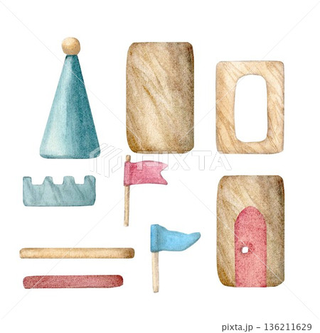Wooden blocks for children's construction sets, which can be used to build a house, tower, castle, or palace with flags, handmade watercolor drawings for landscapes, postcards, banners, invitations, a 136211629