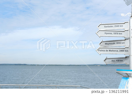 Directional signpost with multiple distance markers pointing towards various destinations over a calm body of water under a clear blue sky, showcasing travel options and exploration Directional signpost with multiple distance markers pointing towards various destinations over a calm body of water under a clear blue sky, showcasing travel options and exploration 136211991