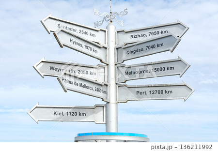 Directional signpost with multiple arrows indicating distances to various cities, showcasing travel options and wanderlust in a scenic outdoor setting Directional signpost with multiple arrows indicating distances to various cities, showcasing travel options and wanderlust in a scenic outdoor setting 136211992