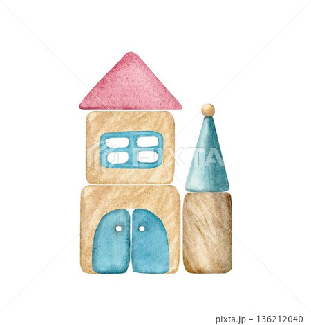 The tower is made of wooden building blocks from a children's construction set, hand-drawn on an isolated background using watercolors. It is suitable for decorating postcards, invitations, packaging. The tower is made of wooden building blocks from a children's construction set, hand-drawn on an isolated background using watercolors. It is suitable for decorating postcards, invitations, packaging. 136212040