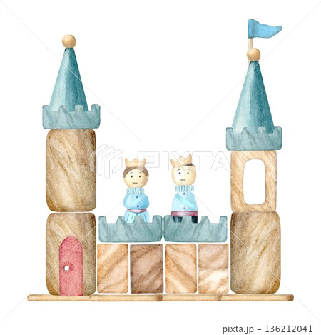 A castle made of wooden blocks for children with a prince and a princess, hand-drawn with watercolors on an isolated white background, for creating decorations for postcards, invitations, packaging 136212041
