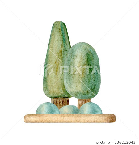 A composition of trees for children's wooden construction sets is hand-drawn in watercolor on an isolated white background to create landscapes, decorate postcards, banners, invitations, packaging. A composition of trees for children's wooden construction sets is hand-drawn in watercolor on an isolated white background to create landscapes, decorate postcards, banners, invitations, packaging. 136212043
