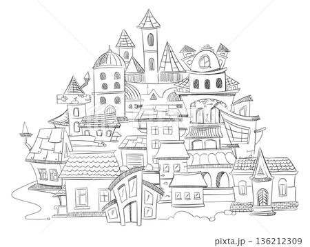 Hand drawn fantasy town houses. Ornate vintage street 136212309