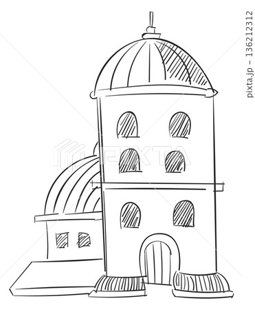 Apartment building pencil sketch. Fantasy town house 136212312