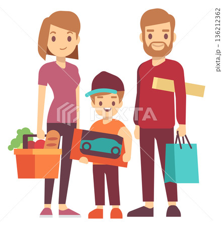 Parents and kid with shopping bags. Cheerful customers together Parents and kid with shopping bags. Cheerful customers together 136212362