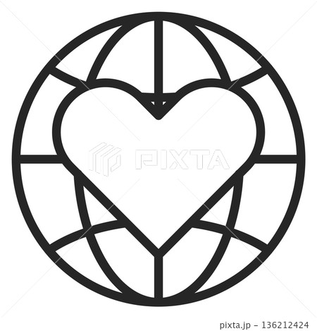 Heart on globe line icon. Charity black symbol Heart on globe line icon. Charity black symbol 136212424
