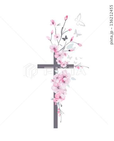Religious cross with sakura flowers. . Hand drawn. Not AI, vector illustration. He is risen Hand drawn. Not AI, vector illustration 136212455