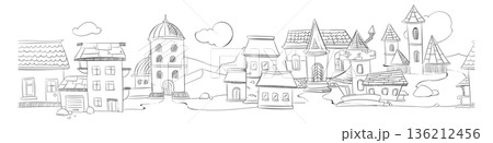 Vintage town houses. Festive fairytale street drawing 136212456